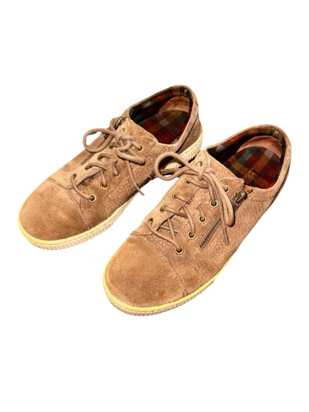 Born Tamara Suede Lace Up Sneakers Taupe Textured Leather Zip Detail Size 6.5